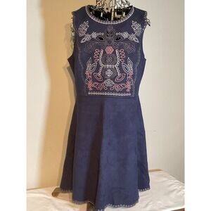 August Mist Navy Blue Faux Suede Embroidered Eyelet Fit Flare Dress XL